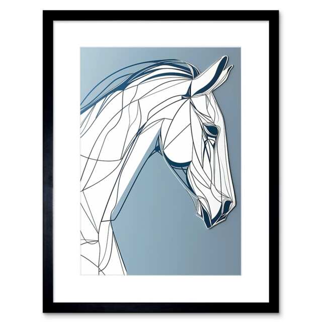 "Horse Portrait White and Blue Minimalist 9x7"" Black Framed Wall Art Print"