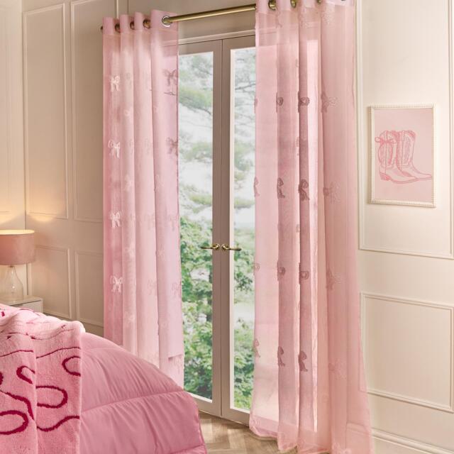 OHS Tufted Bows Voile Net Curtain Pair Window Panels Slot Top Set Pink