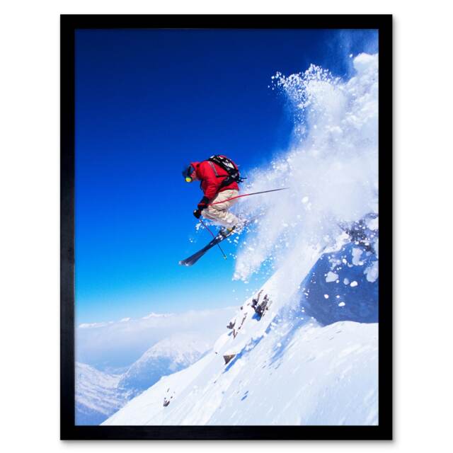 "Skier Ski Jumping Snow Sport Sky Home Decor 12x16"" Framed Wall Art Print"