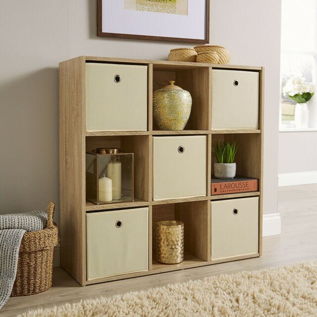 Storage Cube 9 Shelf Bookcase Wooden Display Unit Organiser Home Brown Oak