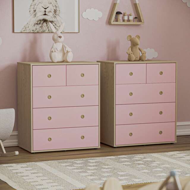 Junior Vida Neptune 5 Drawer Chest, Pink & Oak - Set of 2