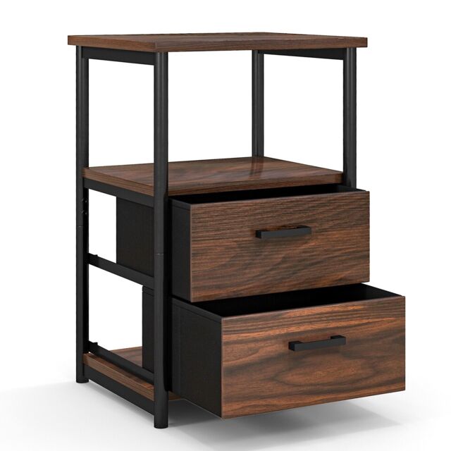 COSTWAY Industrial Bedside End Table with 2 Fabric Drawers Storage Shelf Nightstand