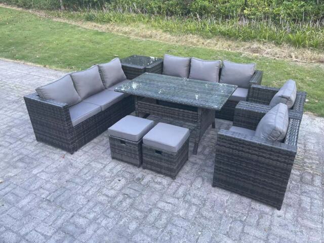 Fimous Outdoor Garden Furniture Rattan Lounge Sofa Set Patio Rectangular Dining Table with 2 Armchair Side Table 2 Small Footstool 10 Seater Dark Grey Mixed