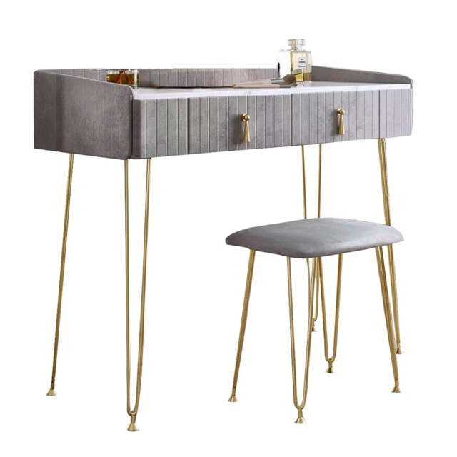 CARME Home - Tokyo Glow Dove Grey Velvet Dressing Table with Velvet Stool