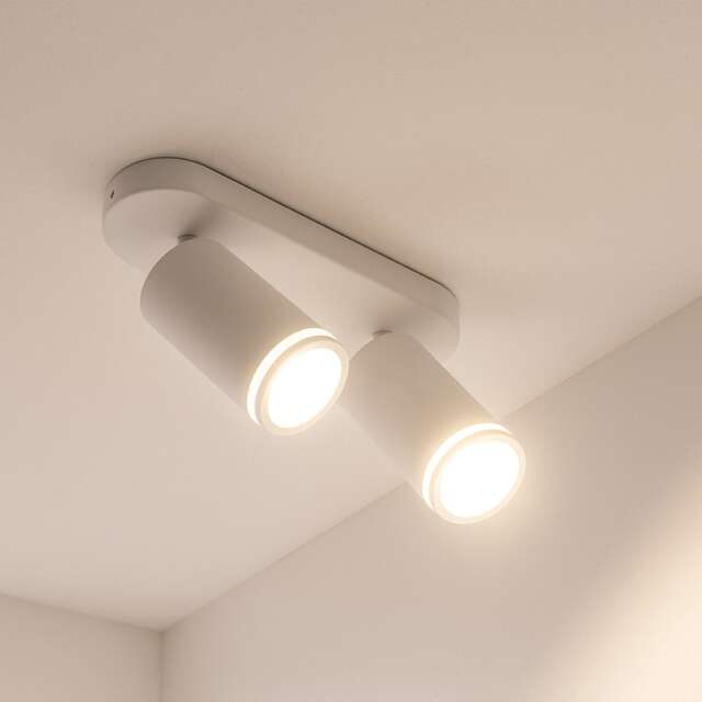 CGC SOLIS White Twin GU10 Adjustable Ceiling Spotlight with Halo Ring White White Bar Length: 22cm, Bar Width: 7cm, Length From Bar to End of Spotlight: 15cm