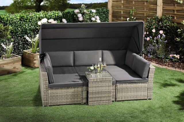 California Rattan Daybed 5 Piece, Outdoor Patio Furniture Set with Extendable Canopy with Cover Grey