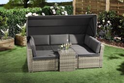 California Rattan Daybed 5 Piece, Outdoor Patio Furniture Set with Extendable Canopy with Cover Grey