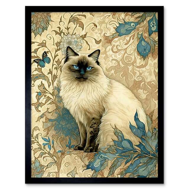 Blue Point Ragdoll Cat Teal Plants Watercolour Framed Wall Art Print