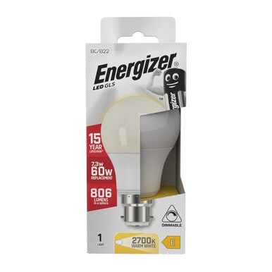 Energizer LED GLS B22 806lm 7.3W 3000K (Warm White) Dimmable Light Bulb - Pack of 1