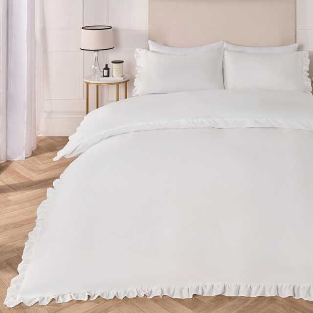 OHS Ruffled Frill Edge Duvet Cover and Pillowcase Bedding Set, King - White