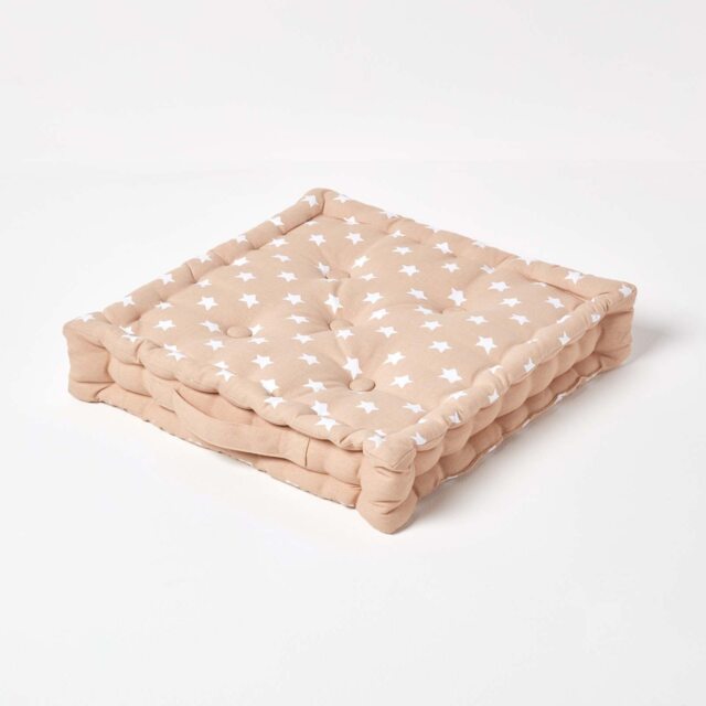 Homescapes Cotton Beige Stars Floor Cushion - 40 x 40 cm Cream Beige 40 x 40 cm