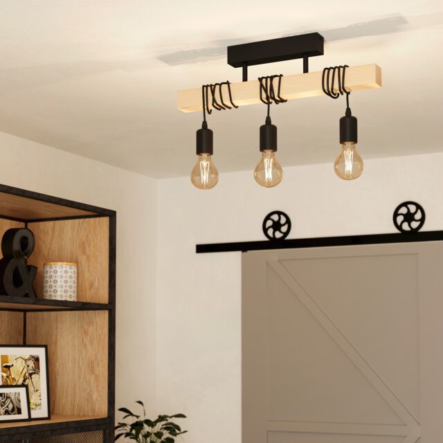 EGLO Townshend Black/Natural Metal & Wood 3-Light Pendant - Industrial Style (D) 55cm