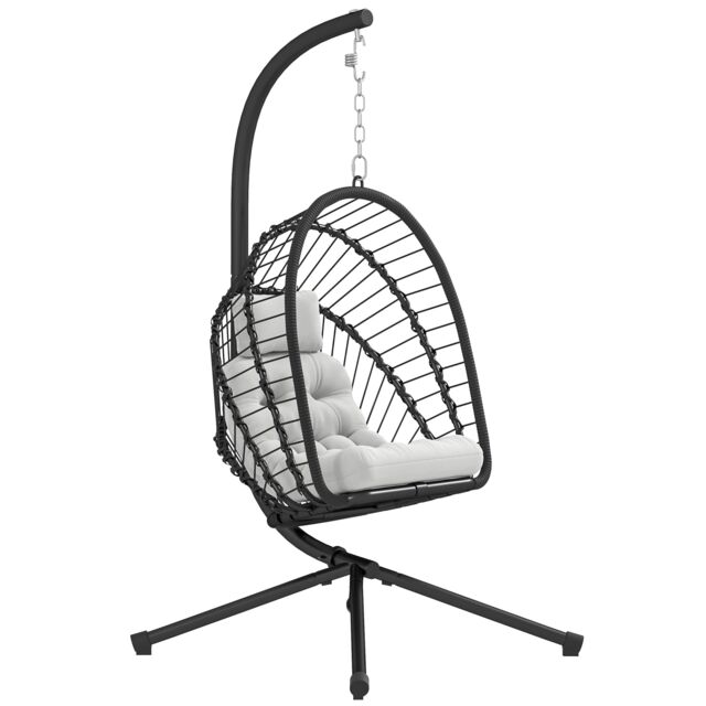 Outsunny Outdoor PE Rattan Swing Chair with Foldable Basket and Cushion, Garden Patio Hanging Egg Chair with Metal Stand, Headrest for Indoor and Outdoor, Black Black One Size