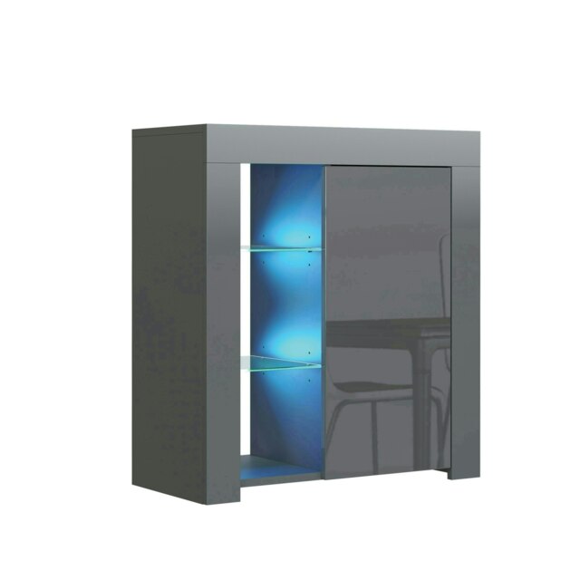 Sideboard 75cm Grey Gloss Door Grey Matt Body Glass Shelves Free LED Grey