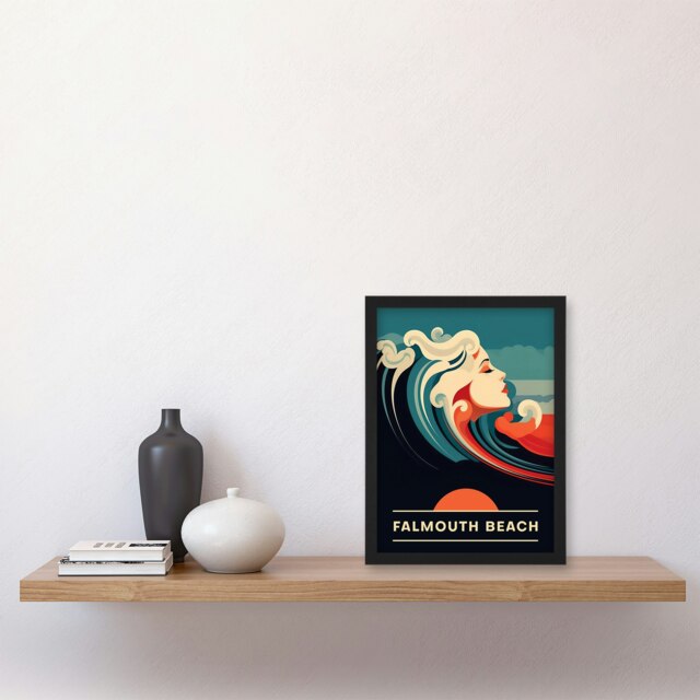Falmouth Beach England Uk Sunset Woman Waves Black Framed Wall Art Print A4