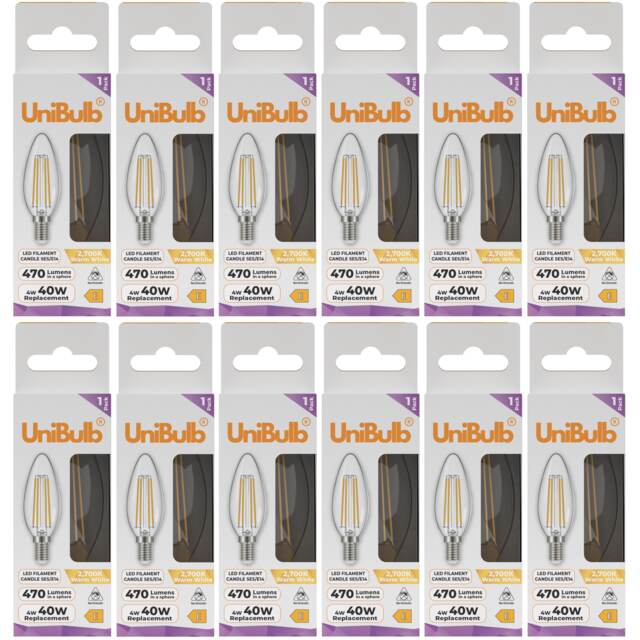 UniBulb LED Filament Candle E14 Small Edison Screw (SES) 470lm 4W (Replaces 40W) 2700K (Warm White) Light Bulb - Pack of 12