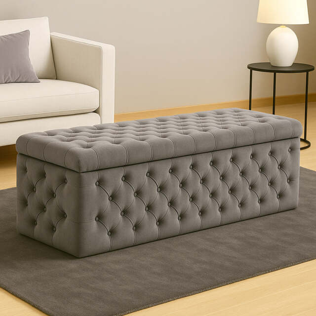 90cm Wide Lux Ottoman Storage Box, Grey Velvet Upholstered Chesterfield Storage Ottoman Box