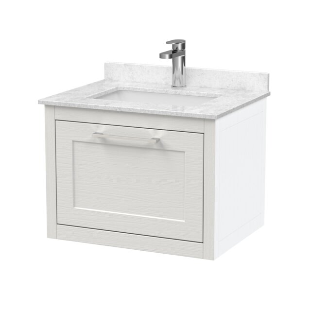 Balterley Traditional Bathroom Wall Hung 1 Drawer Vanity Unit and 1 Tap Hole Marble Top Basin White Nimbus White 528 x 620 x 470mm