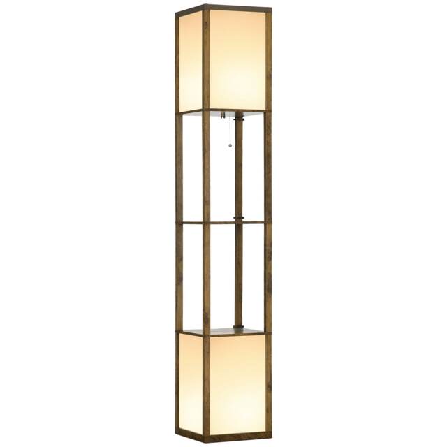 HOMCOM Floor Lamp with Shelves and Dual Light, Modern Corner Standing Lamp with TC Fabric Lampshade for Living Room, Bedroom, Bulb not Included, Rustic Brown