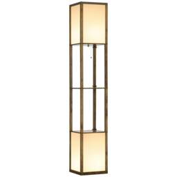 HOMCOM Floor Lamp with Shelves and Dual Light, Modern Corner Standing Lamp with TC Fabric Lampshade for Living Room, Bedroom, Bulb not Included, Rustic Brown