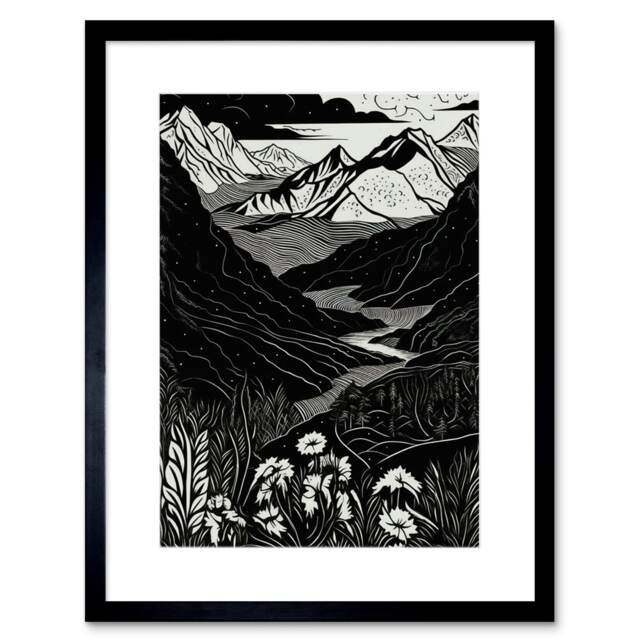 "Wildflowers Spring Mountain Landscape 9x7"" Black Framed Wall Art Print"