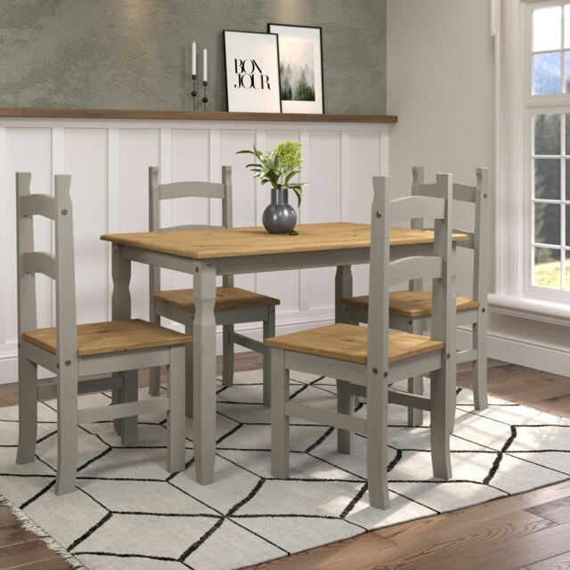 Premium Corona Rectangular Dining Set with Table and 4 Chairs in Grey or Brown Waxed Pine - Solid Wood Grey Grey 1