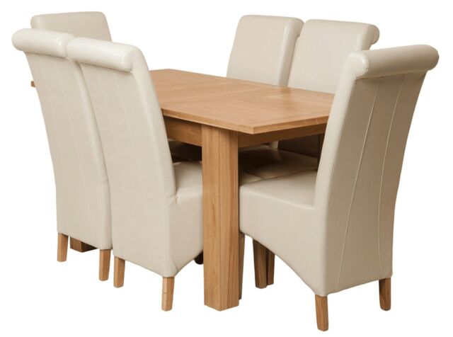 Hampton 120-160cm Oak Extending Dining Table and 6 Montana Leather Chairs Cream Cream