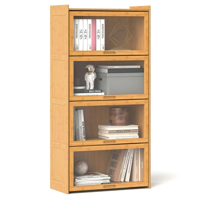 COSTWAY 4-Tier Bookcase Bamboo Bookshelf with Doors Natural Brown