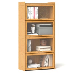 COSTWAY 4-Tier Bookcase Bamboo Bookshelf with Doors Natural Brown
