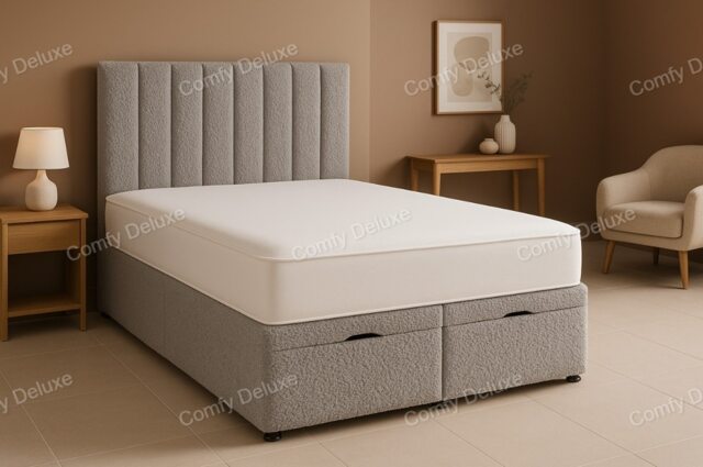 6FT Superking Silver Teddy Boucle Fabric Foot Lift Ottoman Divan Bed Set Headboard & Mattress