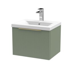 Balterley Fluted Front Wall Hung Single Drawer Bathroom Vanity Unit with 1 Tap Hole Ceramic Basin, Handles Green Satin Green