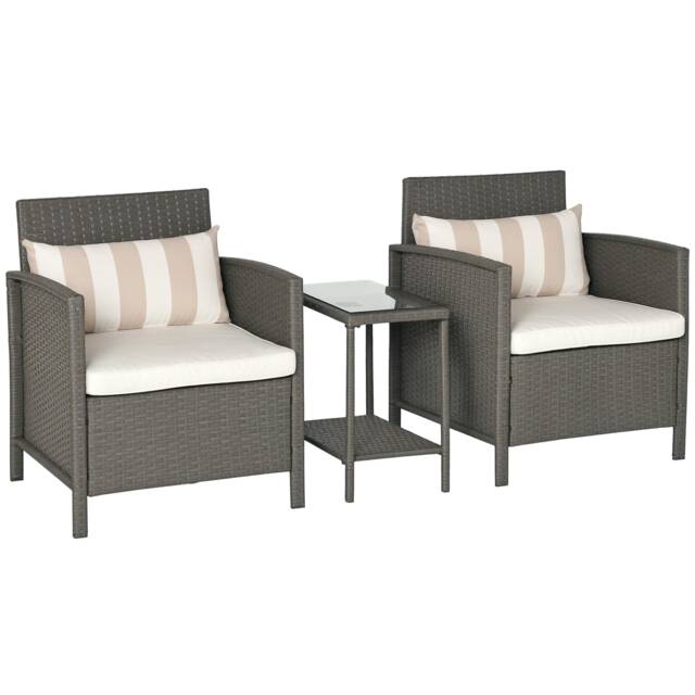 Outsunny 3 PC Outdoor Rattan Sofa Set w/ Chairs Coffee Table Cushion Light Grey Grey