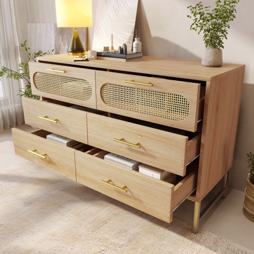 VILUXE 120cm Rattan-Effect 6-Drawer Sideboard with Metal Handles, Adjustable Support Foot and Anti-Tip Device, Oak Effect