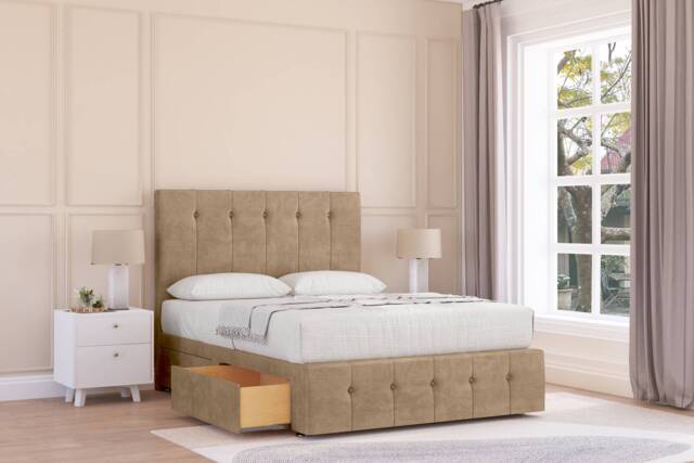 "Sloomy Cambridge Mink Naples Divan Bed With Mattress 2 Drawers Right Side With 26"" Strutted Headboard & 12"" Matching Footboard 3' Single Brown Mink Single 1"