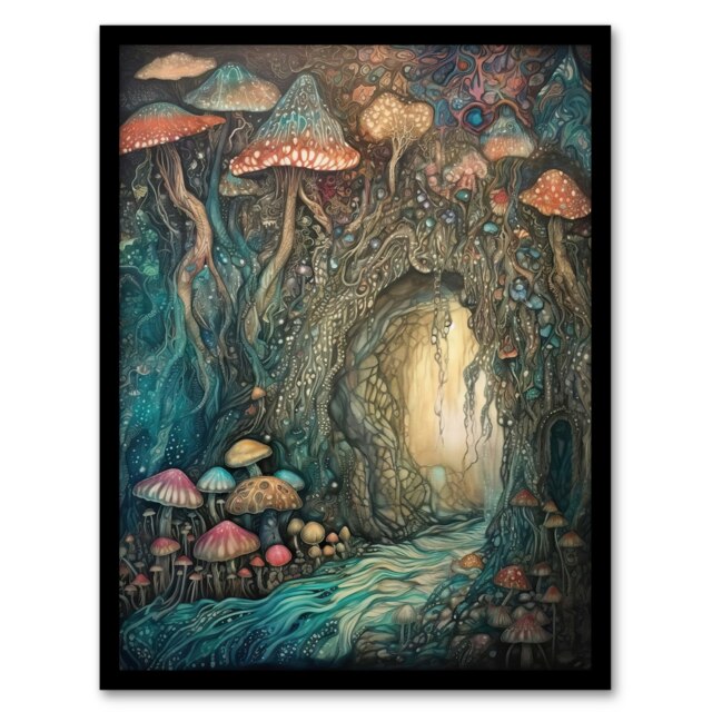 Mystical Cave Bioluminescent Mushrooms Home Decor Black Framed Wall Art Print A4