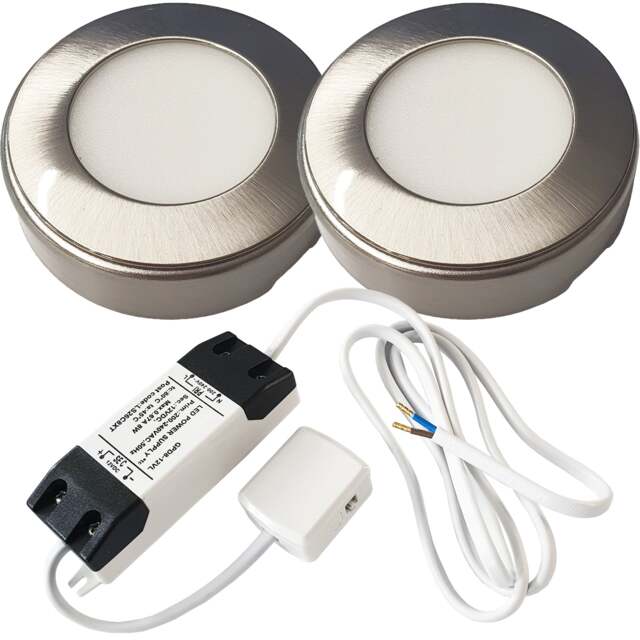 Brushed Nickel Round LED Under Cabinet Lights with Driver Kit - Natural White 4000K