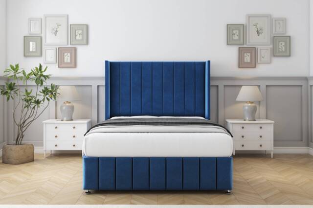 "Sloomy Melbourne Navy Plush Divan Bed With Mattress No Drawers With 54"" Wingback Headboard & 12"" Matching Footboard 5' King Blue Navy King 1"