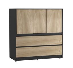 120cm 3 Sliding Door 4 Drawer Bedside Cabinet Storage End Unit Bedroom Furniture Multi Black with Oak Doors 1