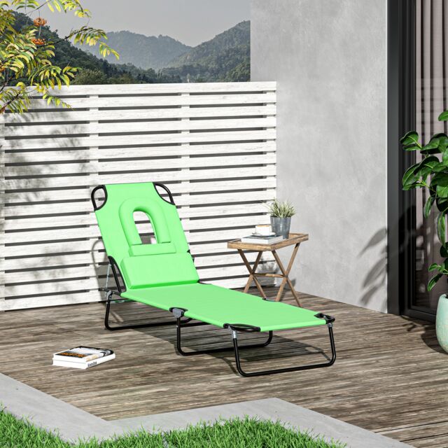 Outsunny Folding Sun Lounger Reclining Chair w/ Pillow Reading Hole Green Green