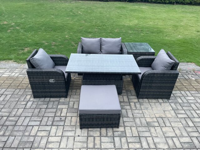 Fimous PE Rattan Outdoor Garden Furniture Set Height Adjustable Rising lifting Dining Table Love Sofa With Side Table Chair Big Footstool