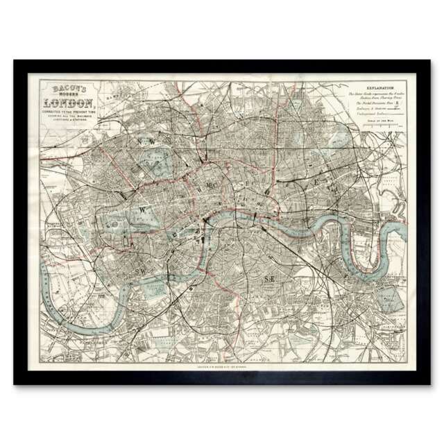 "Map Bacon 1883 London City England Plan Chart 12x16"" Framed Wall Art Print"