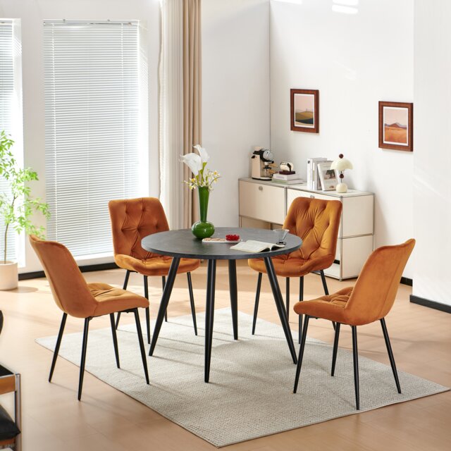 SONARA Black Marble Round Dining Table and Velvet Chairs Set, Modern 4 Seater for Dining Room
