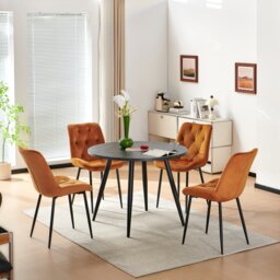 SONARA Black Marble Round Dining Table and Velvet Chairs Set, Modern 4 Seater for Dining Room