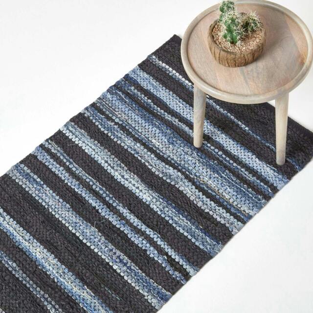 Homescapes Texas Leather & Denim Woven Striped Blue Hall Runner - 66 x 200 cm Blue Blue