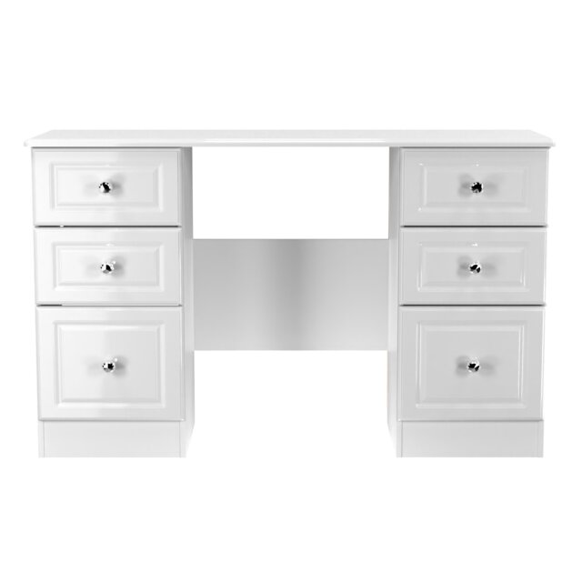 Stratford 6 Drawer Kneehole Desk in White Gloss & White Matt (Ready Assembled) White White Gloss & White Matt