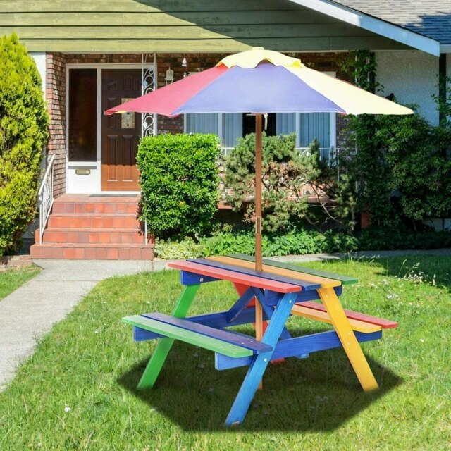 COSTWAY 3 in 1 Wooden Kids Picnic Table Bench Outdoor W/ Umbrella