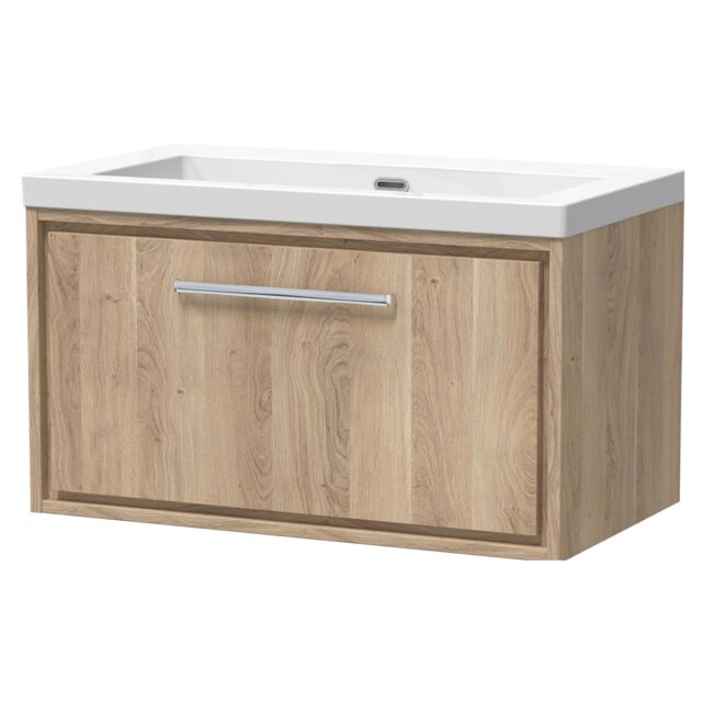 Balterley Longnor 1 Drawer Wall Hung Vanity Unit with 1 Tap Hole Modern Fireclay Basin, Light Oak, 800mm
