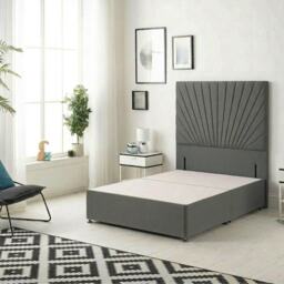 Sunburst Divan Bed with 54'' Floor Standing Headboard Linen Fabric Grey Grey