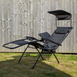 Multi Position Garden Gravity Relaxer Chair Sun Lounger with Sun Canopy in Black Black Black