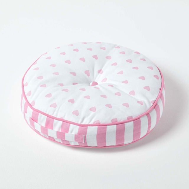 Homescapes Pink Hearts & Stripes Round Floor Cushion Pink Pink & White 43 x 7 cm